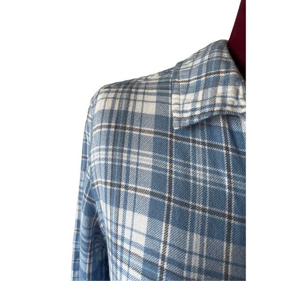Anthropologie Cloth & Stone Woman’s Blue Plaid Flannel Shirt Button Front Fringe - Picture 7 of 7